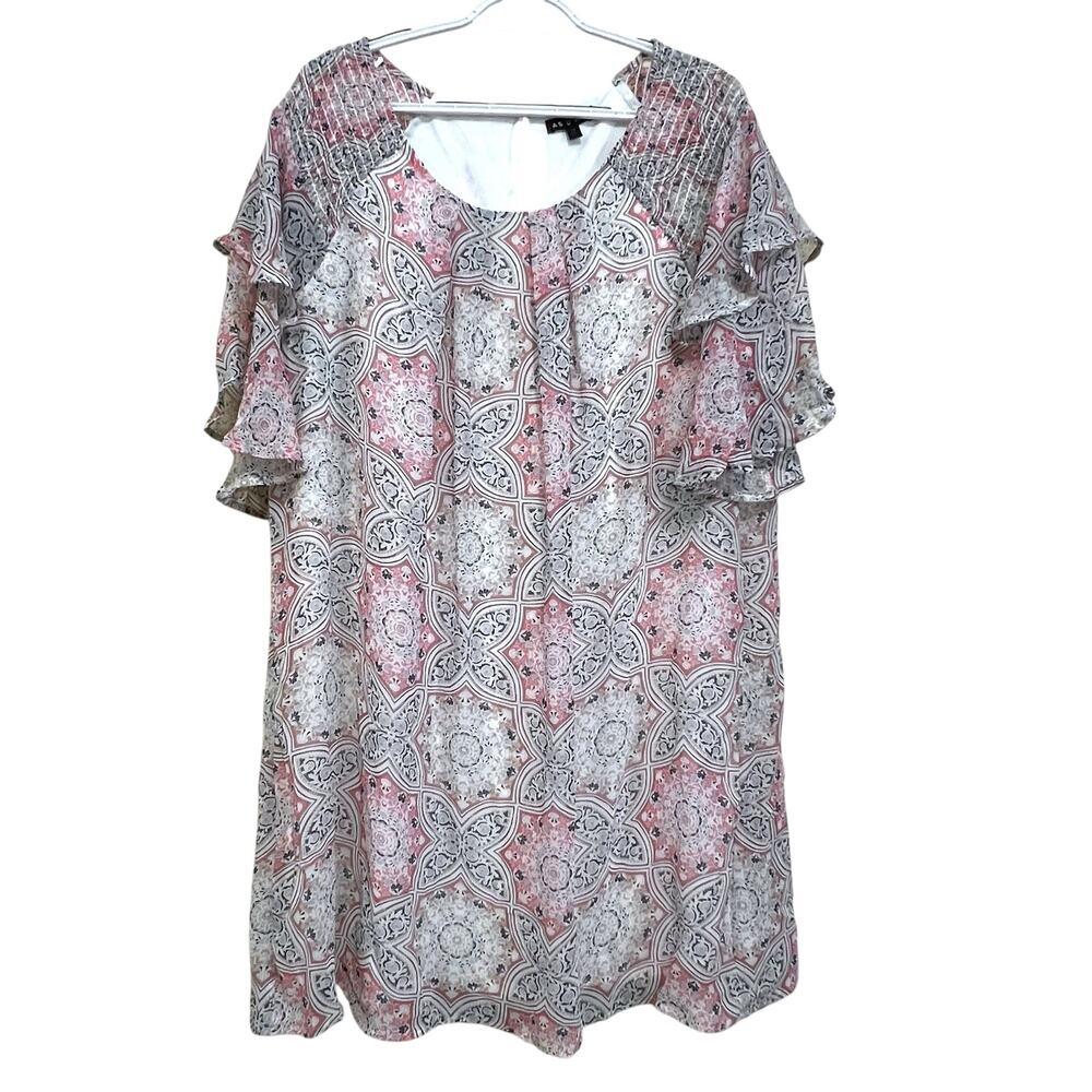 AS U Wish Plus Size 1X Tunic Top Pink Gray Flutter Sleeve Blouse